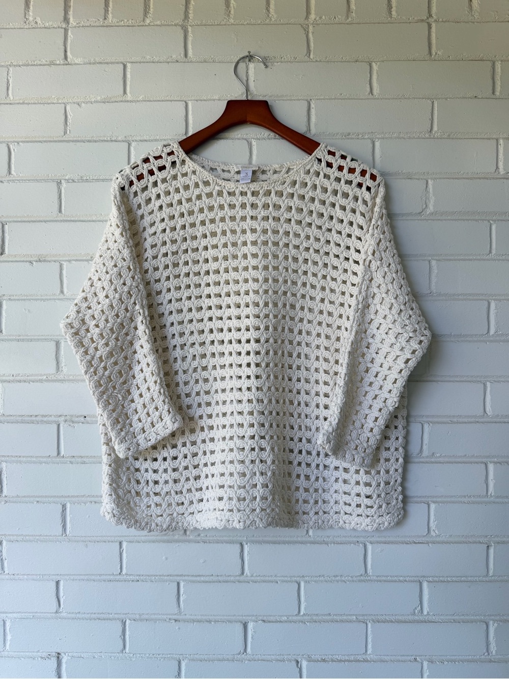 Chico's Cream Open-Knit Crochet Sweater Pullover Boho Size 3